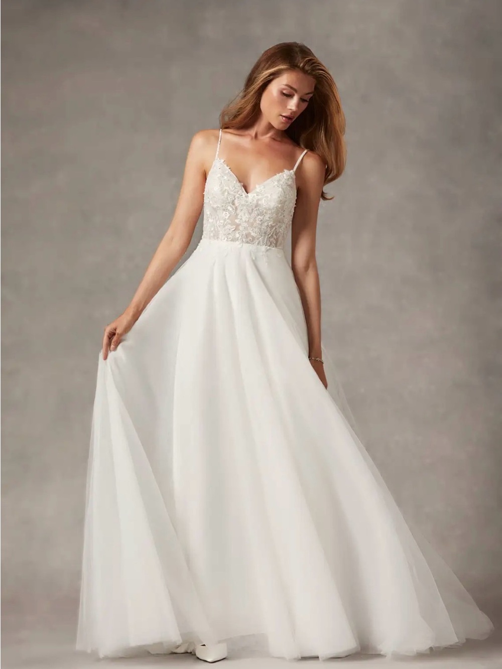 Azazie White Lace Bodice Spaghetti Strap Wedding Gown